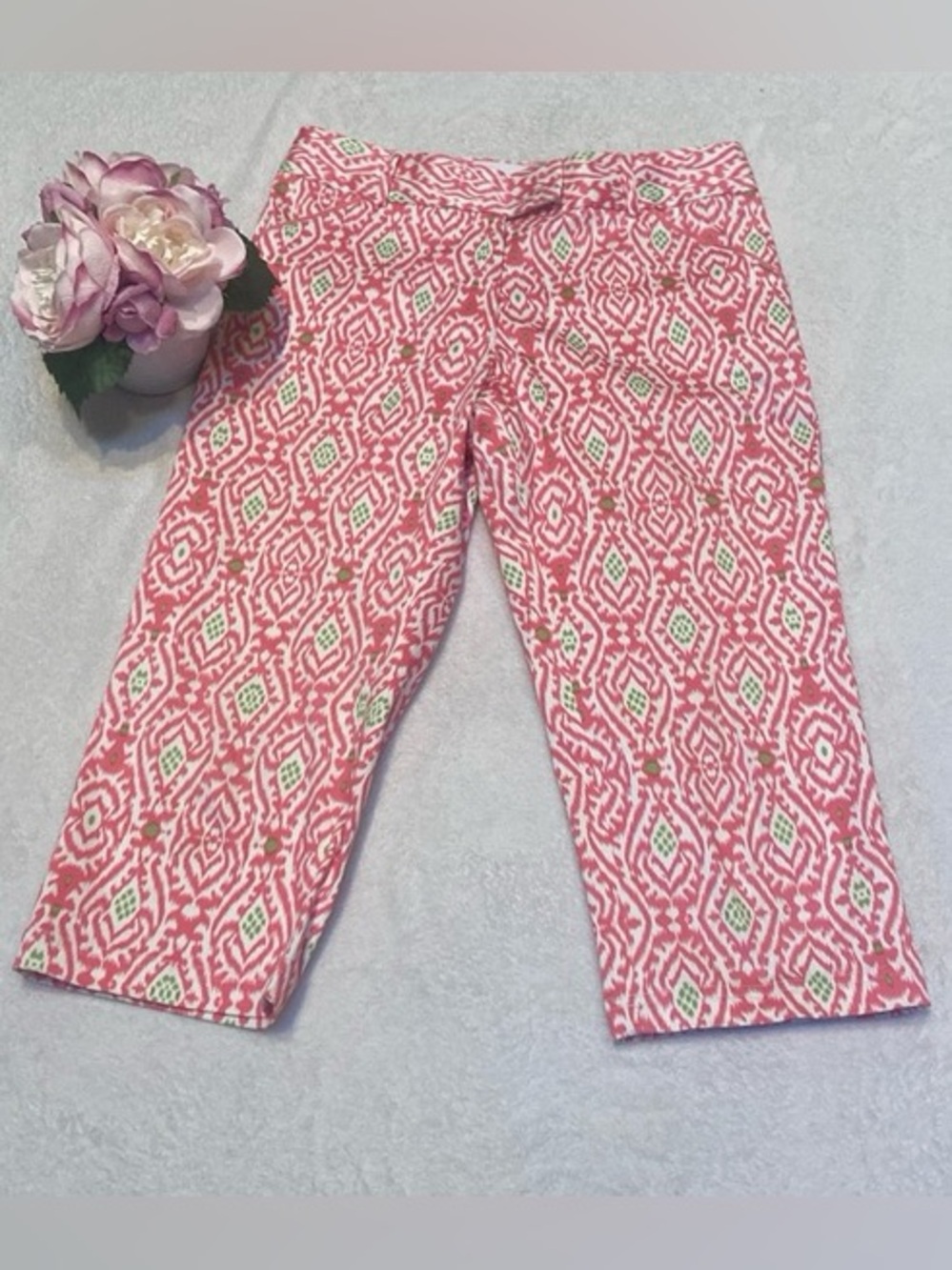 NWT Peter Millar Capri Pants Pink and Olive Ikat Geometric Pattern Trousers 8